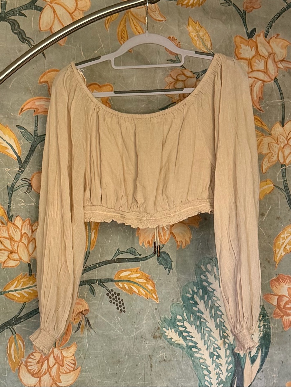 Free People Cream Boho Peasant Crop Top XS Long Sleeve Cottagecore
